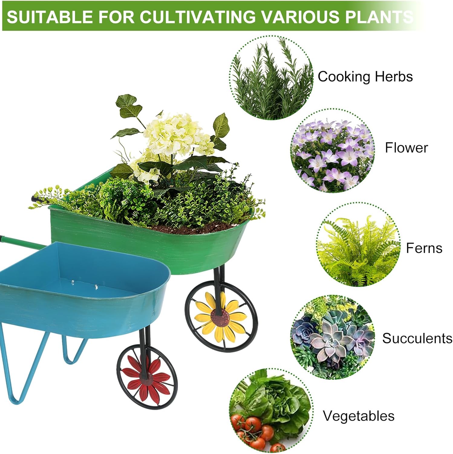 BAYN Metal Wheelbarrow Flower Cart Planter, 2 Packs Plant Stands with Triangular Support Handles Non-Rolling Wheel Vintage Wagon Planter Pots for Home Patio Garden Backyard Rustic Outdoor Decor