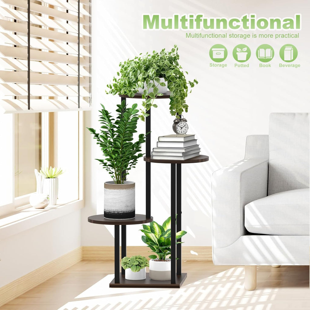 4 Tier Wood Tall Plant Stand Metal Rack Indoor, Multiple Flower Pot Holder Shelves Corner Rack, Round Planter Shelf Display Rack Storage Organizer for Patio Living Room Balcony(Black Oak)