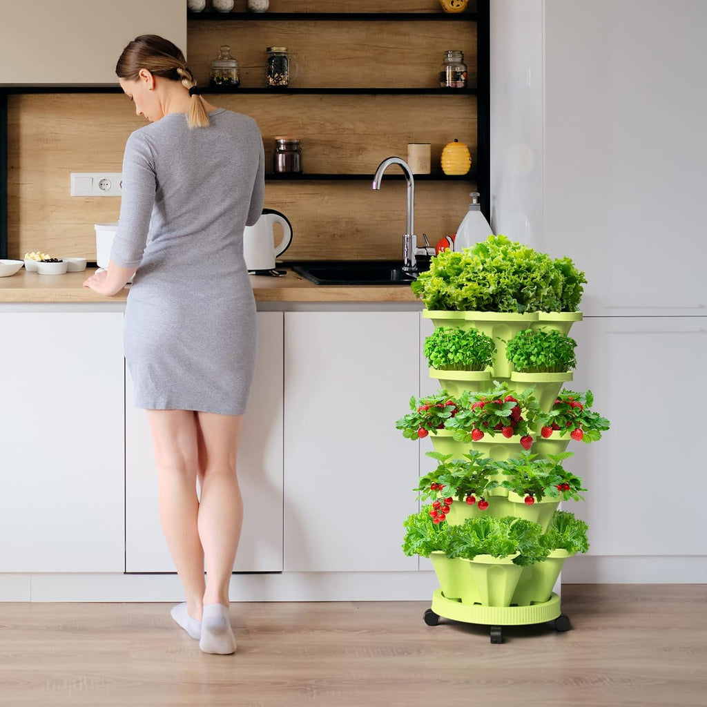 Strawberry Stacking Planters, Vertical Garden Tower, 5 Tiered Stackable Herb Vegetable Planters with Movable Casters and Bottom Saucer Indoor and Outdoor - Green