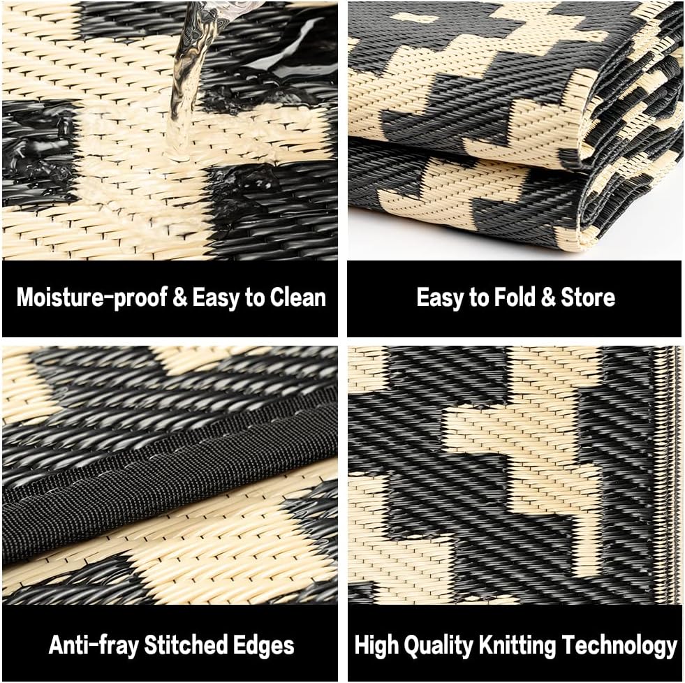 Outdoor Plastic Straw Rug, Waterproof Mat, Washable Large Floor Mat and Rug for Outdoors, RV, Beach, Patio, Camping, Backyard, Deck, Picnic, Indoor Outside (6x9ft,Geometry/Black&Beige)