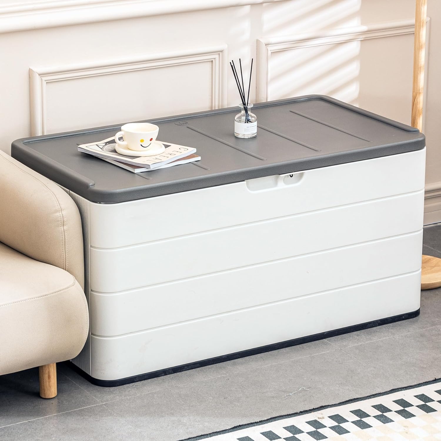 100 Gallon Outdoor Storage Box Waterproof Lockable Resin Deck Box Large, Patio Storage Bin for Pool Accessories Cushion Furniture, Garden Tools, UV-Resistant Outside Delivery Black&White