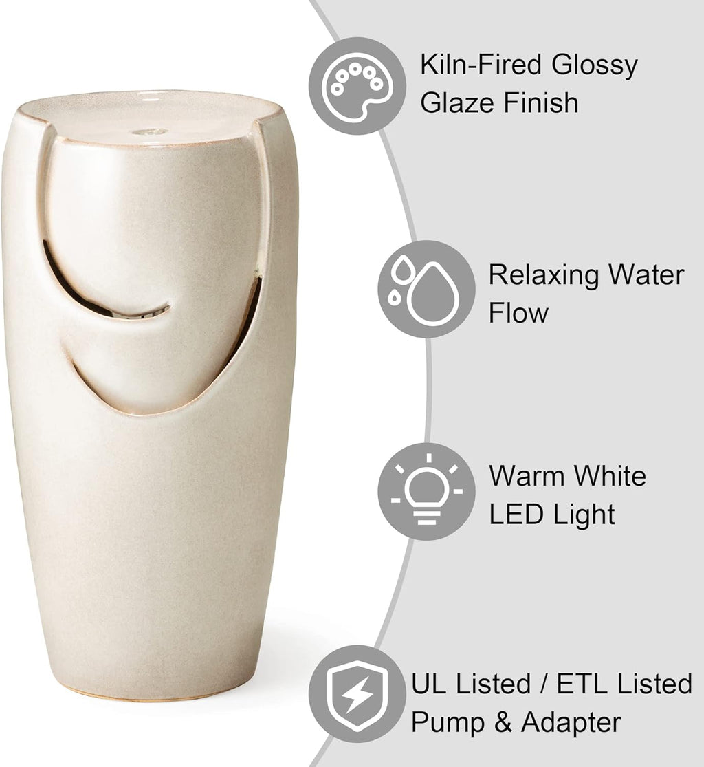 Glitzhome 29.25" H Oversized Ceramic Vase Outdoor Water Fountain Tall Patio Garden Water Fountain with LED Light and Submersible Pump Yard Art Decor, Sand Beige