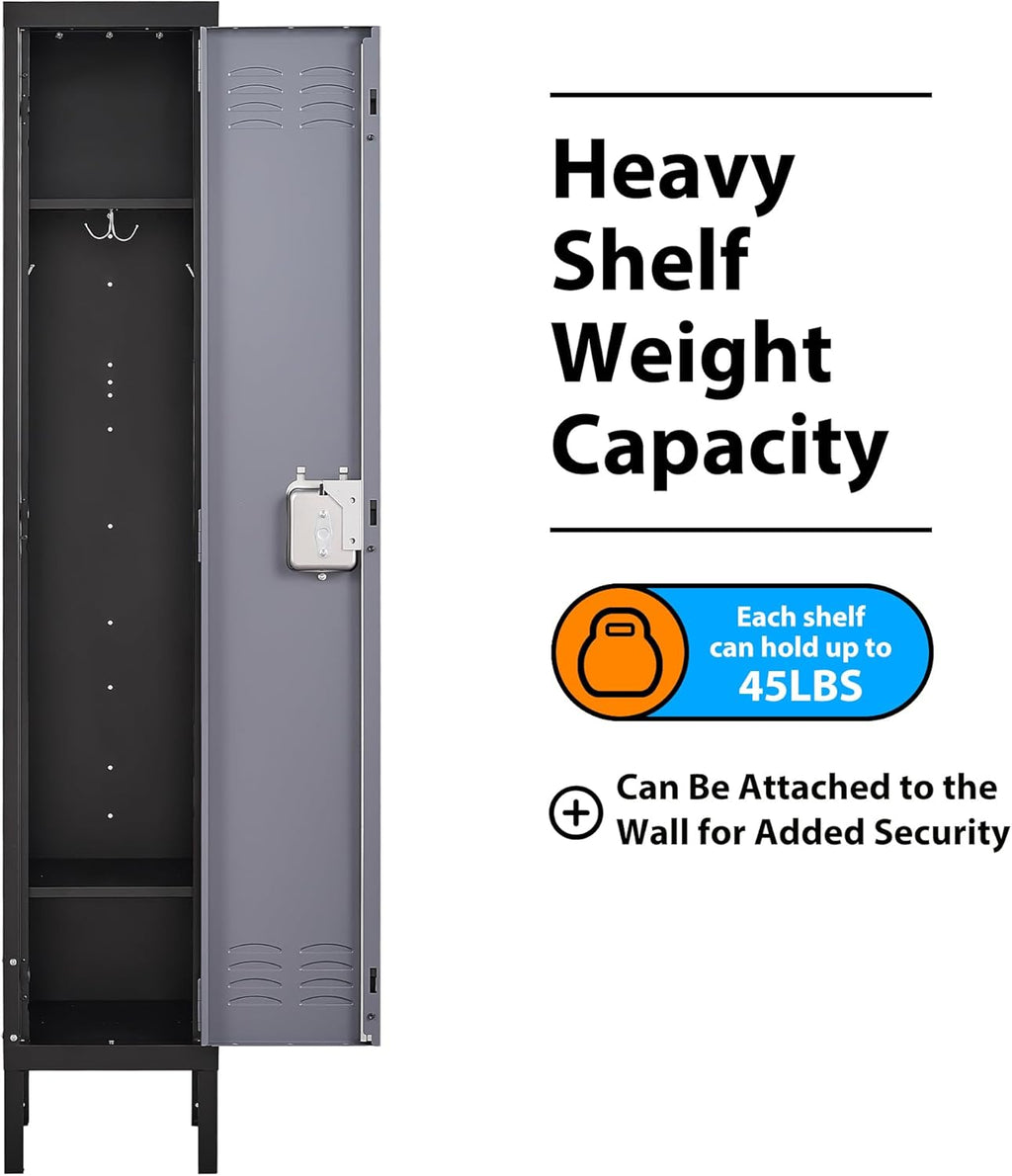 Metal Locker for Home, Dressing Room, Gym, 65.98" Steel Storage Lockers for Employees, Lockable Locker Cabinet with 1 Door (Grey Black)