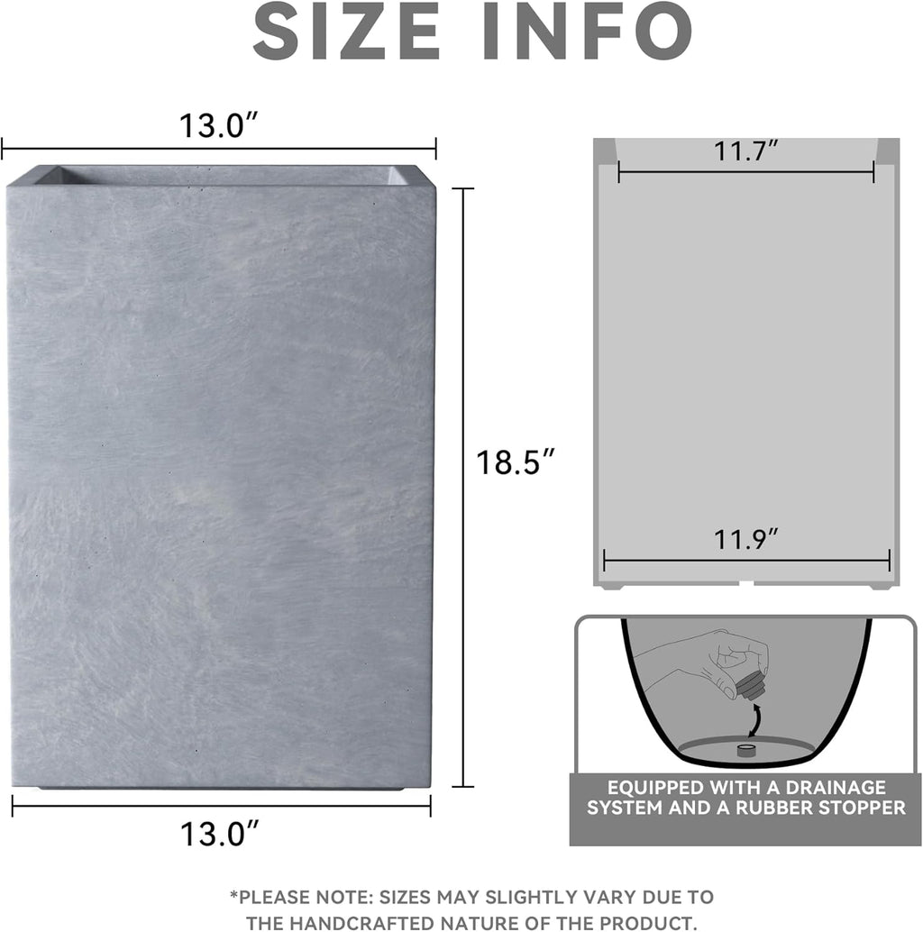 Kante 18.5" H Tall Rectangular Concrete Planters, Outdoor Indoor Lightweight Plant Pots with Drainage Hole and Rubber Plug, Modern Style for Home Garden Patio, Slate Gray