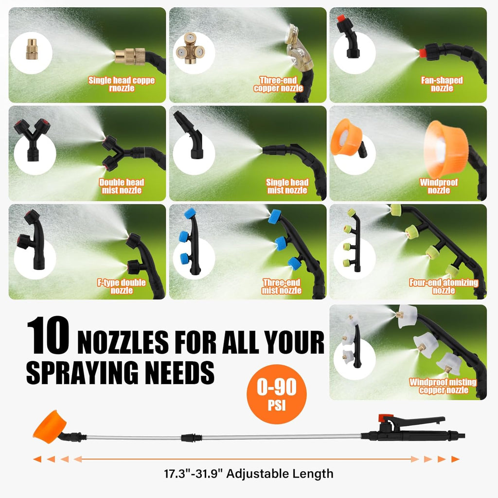 10.6 Gallon Battery Powered Sprayer with Wheeled Cart, 0-90PSI, 12V 8Ah Battery 5-6h Spray Time,98FT Hose with Reel，Adjustable HD Wand and 10 Nozzles for Weeding, Spraying, Cleaning