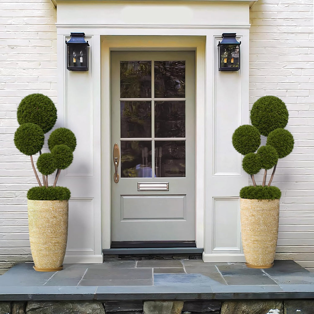 QCQHDU 9 Gallon Tall Large planters for Outdoor/Indoor Plants of 12" Dia x 21" H Round Flower Pots Set Faux Stone Finish Front Door Patio Square Porch Planters with Tray, Beige