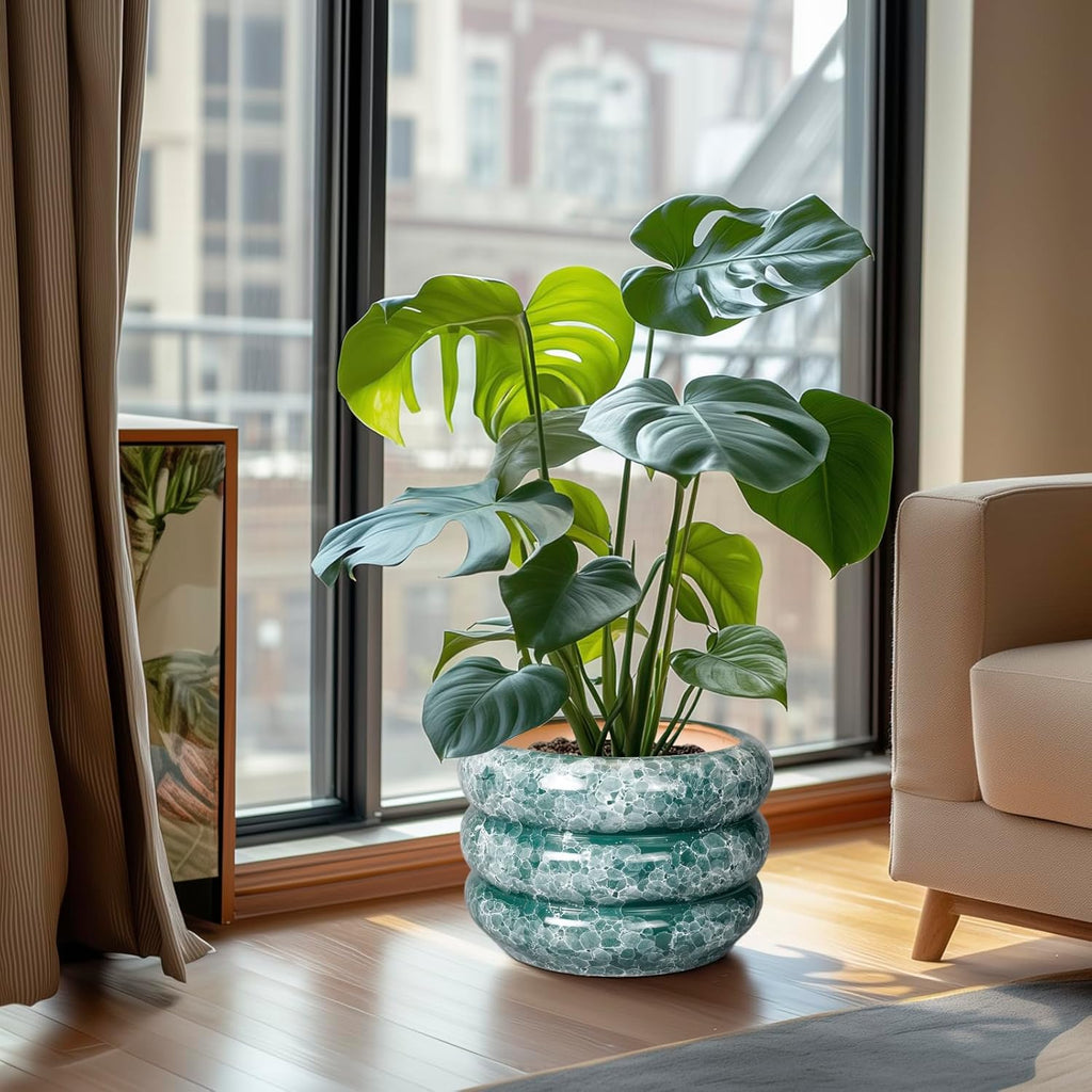 SQOWL Ceramic Planter for Indoor Plants - 10 Inch Plant Pot Indoor with Drainage Hole Large Pot for Plants Outdoor Flower Pot for Patio Decorations Outdoor Green