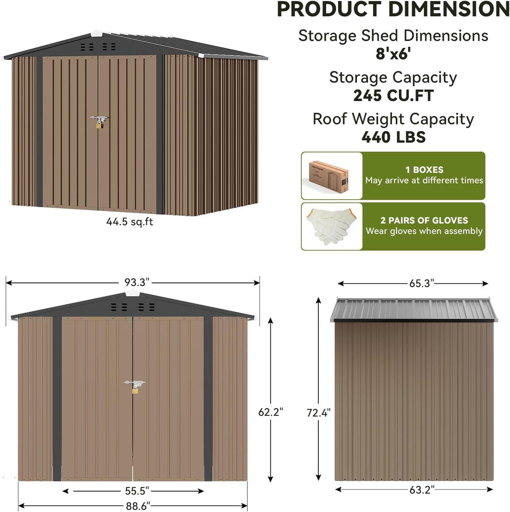 COMHOMA Shed Outdoor Storage Shed Metal,Lockable Doors Tool Sheds with Sloping Roof,Steel Garden Shed with Air Vent for Backyard,Patio,Lawn,Poolside (Brown, 8'*6')