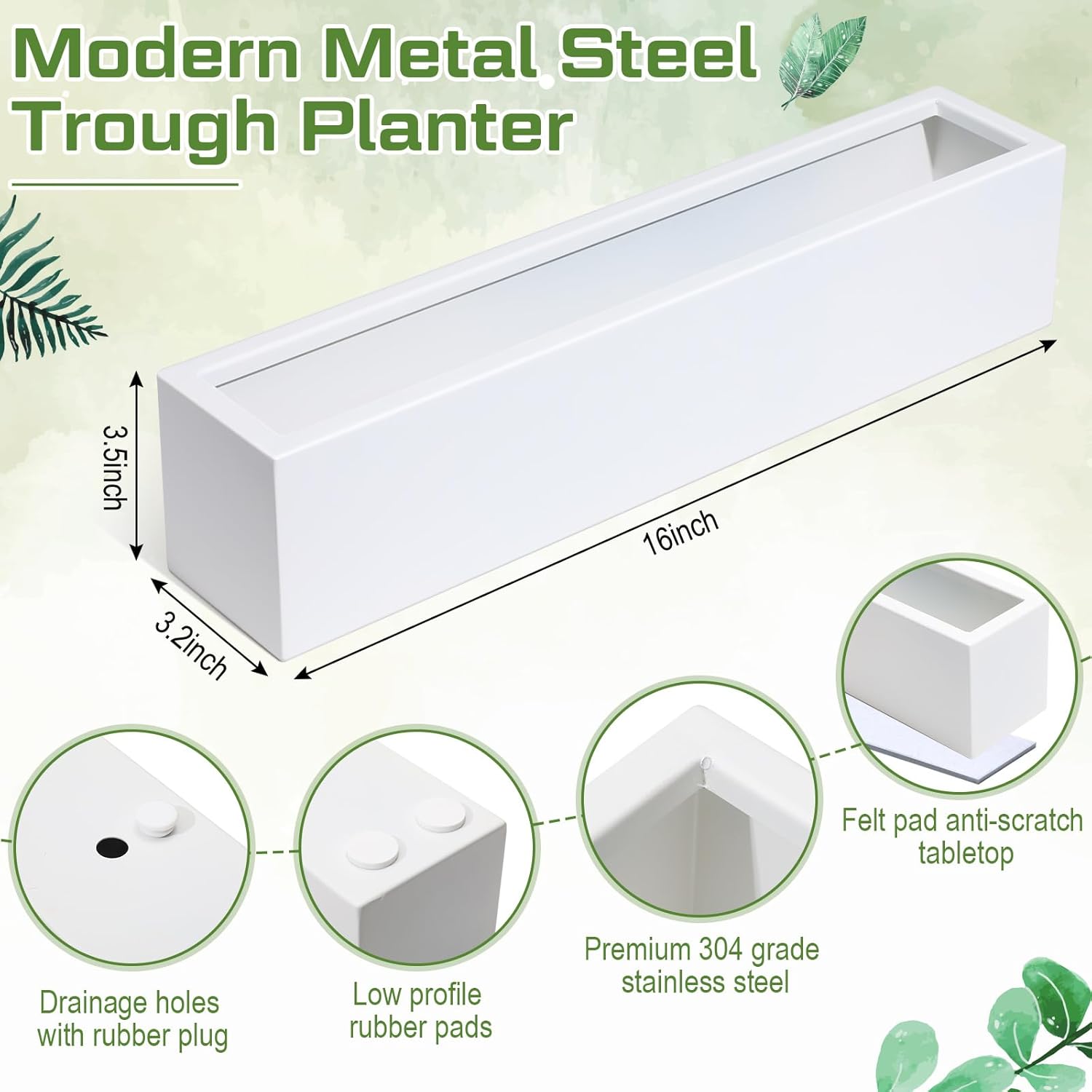 16.1 x 3.2 x 3.5 Inch Long Rectangular Planter Box Window Sill Plant Box Metal Water Trough Indoor Large Modern Steel with Drainage Holes Herb Garden Home(White)