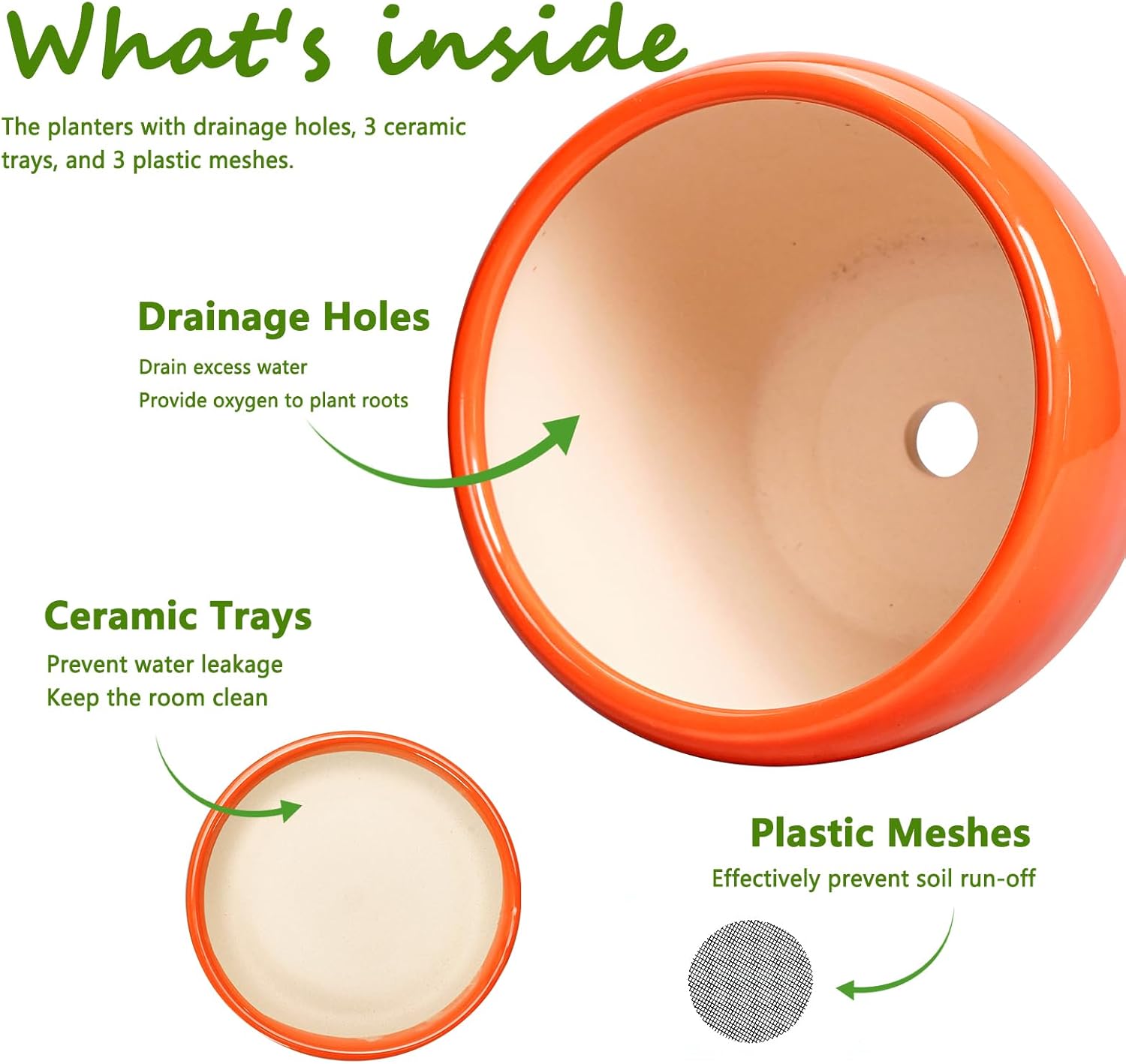 Ceramic Planter - 10 Inch 8 Inch 6 Inch Plant Pot with Drainage Holes and Saucers, Round Planters for Indoor Outdoor, Modern Flower Pots, House Garden Room Decor, Gardening Gifts, Orange