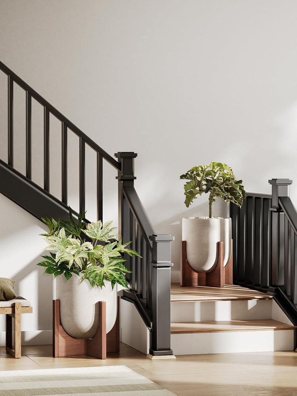 LE TAUCI 12 Inch Plant Pot with Acacia Wood Stand, Ceramic Large Planters for Indoor Plants, Indoor Pots for Plants Office Living Room, Cylinder Planter with Drainage Hole and Plug, Neutral Gray