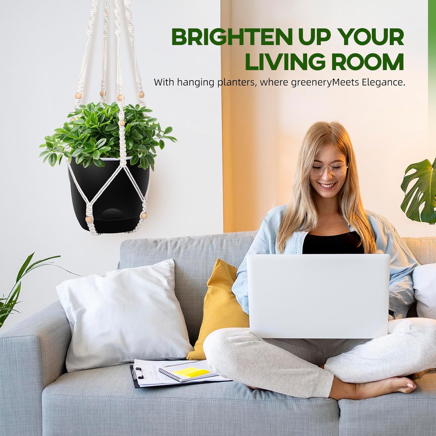 2-Pack 5.7-Inch Self-Watering Hanging Planters for Indoor & Outdoor Plants,34Inch Macrame Hanger Plant Pots Indoor with Drainage,Small Hanging Planters & Baskets,With Two Sets of Hooks（Pure black）