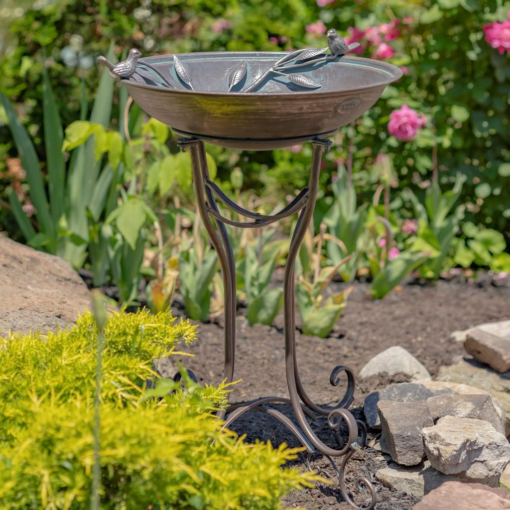 Zaer Ltd. Deep Well Made Metal Birdbath with 2 Cast Iron Birds and Leaf Decoration (Bronze)