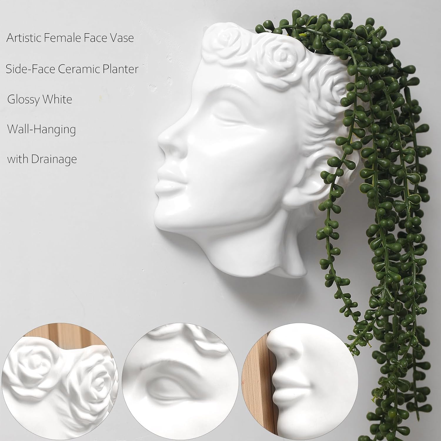 Side-Face Ceramic Planter – Glossy White, Wall-Hanging, with Drainage – 6.7"" Artistic Female Face Vase