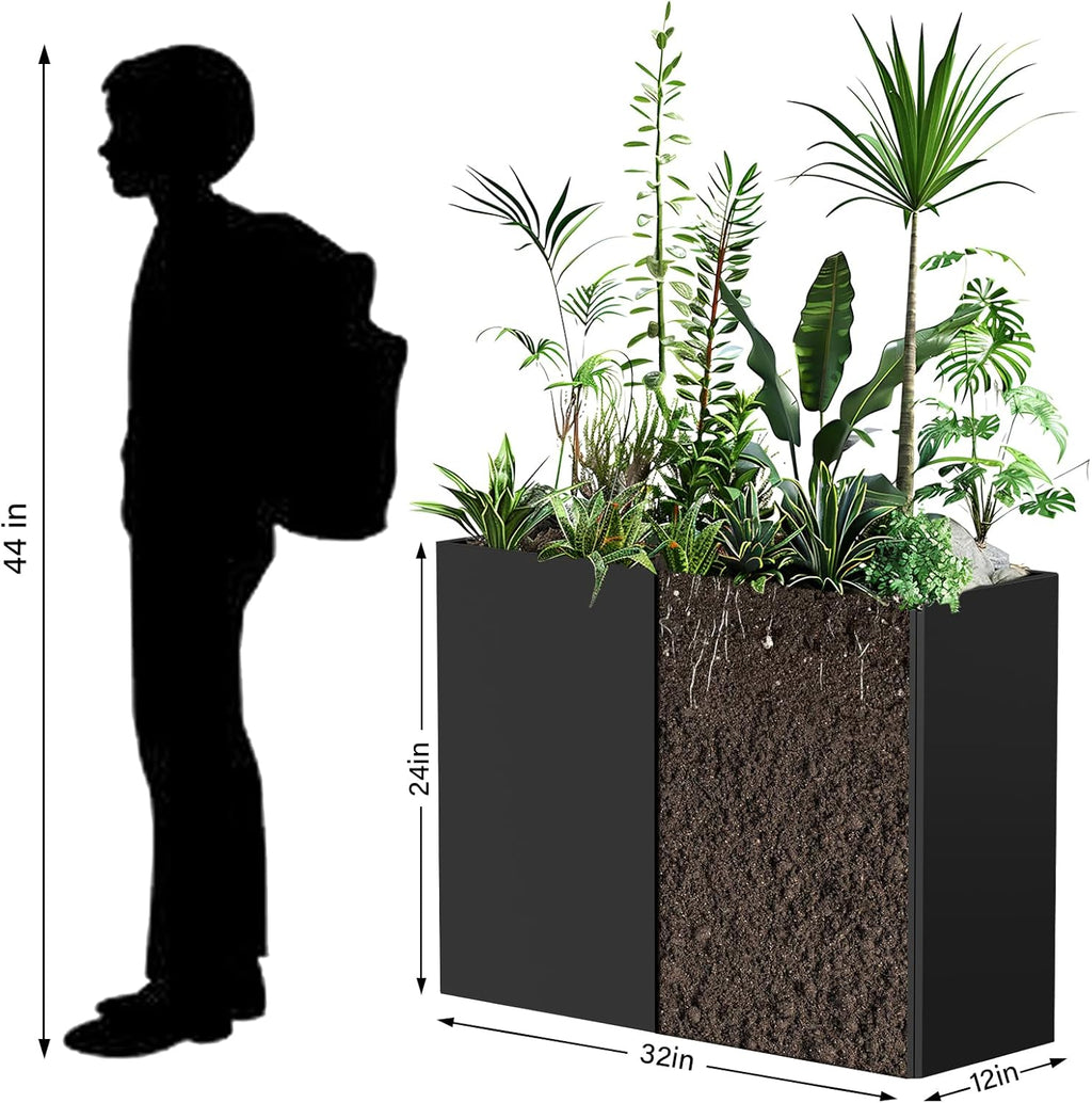 Heavy-Duty Galvanized Steel Planter with Removable Insert Shelf & 4 Drainage Holes - 32x12x24 Inches Large Size Planters for Outdoor/Indoor Patio, Black