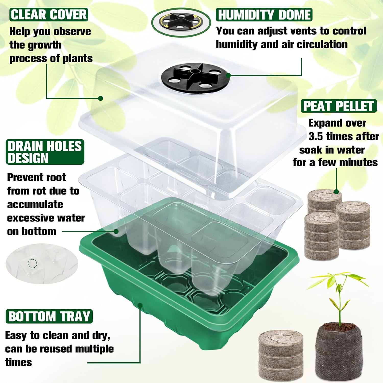Halatool 8 Pack Seed Starter Tray with 100 PCS Peat Pellets, 96 Cells Green Plant Germination Trays for Organic Seed Starter Soil Pods for Planting Vegetables Plants Flowers Herbs - Starting Seeds Kit