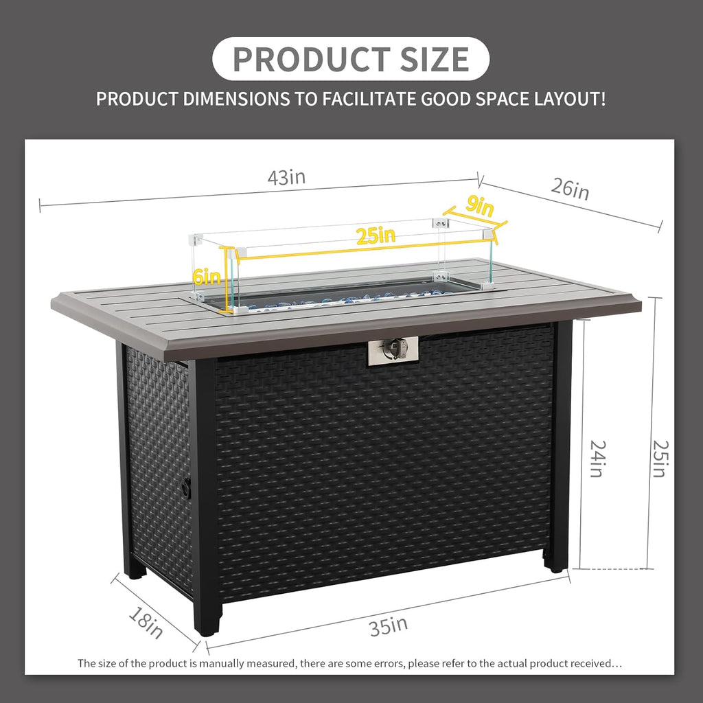 45 Inch Fire Table for Outside 60000 BTU Steel Gas Fire Pit Outdoor Fire Pit Table with Grille Tabletop Glass Wind Guard Fire Pit Cover and Blue Crystal Beads