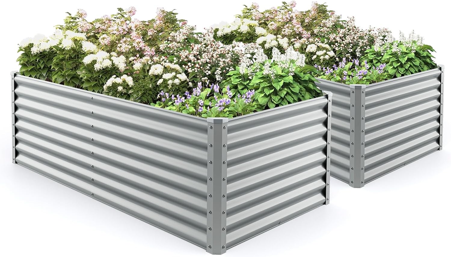 2 Pieces Raised Garden Beds, Metal Garden Planter with Open Bottom, Sprayed Plate & Thickened Corner Protectors, Outdoor Planter Box for Vegetables, Flowers & Herbs (Gray)