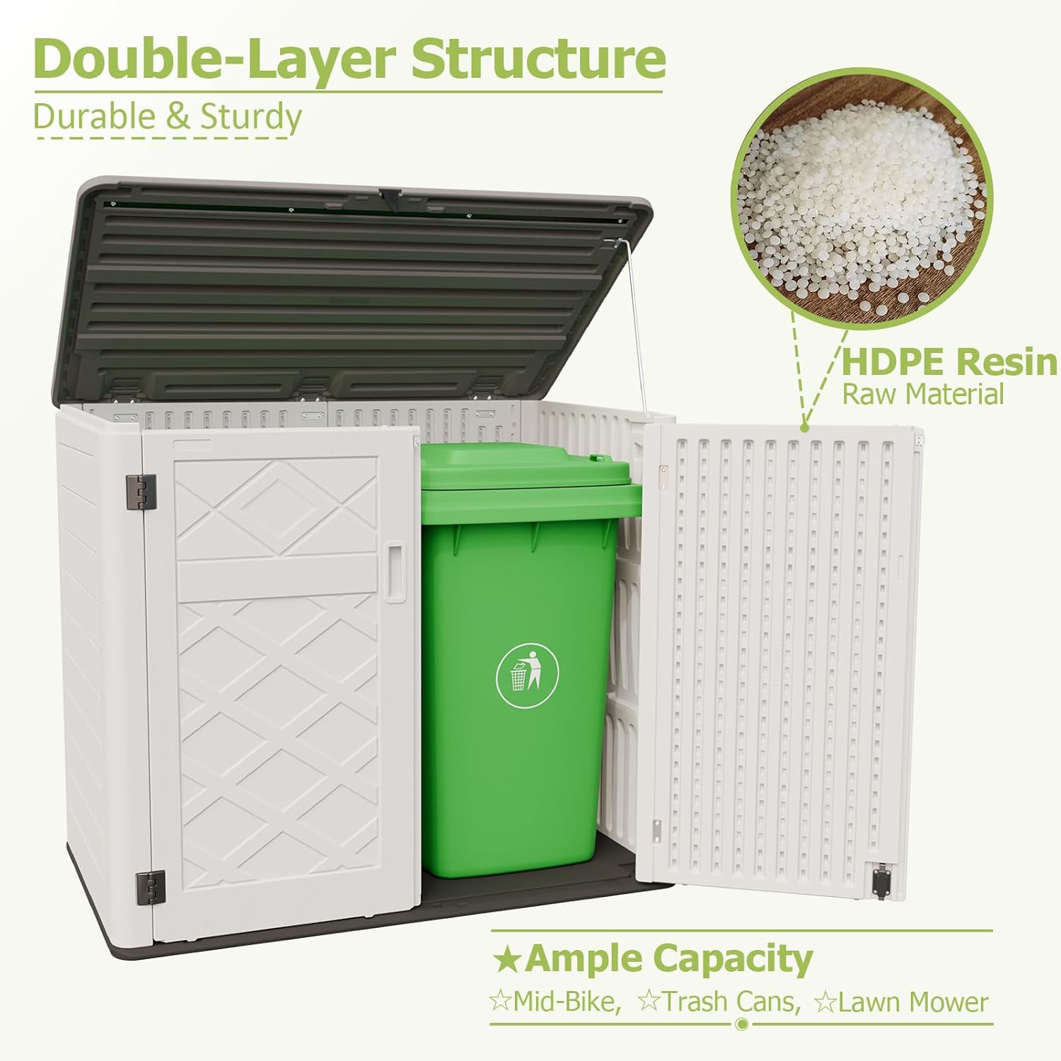 HOMSPARK Storage Shed Weather Resistance, Multi-Purpose Outdoor Storage Cabinet for Backyards and Patios, Horizontal Storage Shed for Lawnmower, Patio Accessories (Off-White, Large - 48 cu.ft)