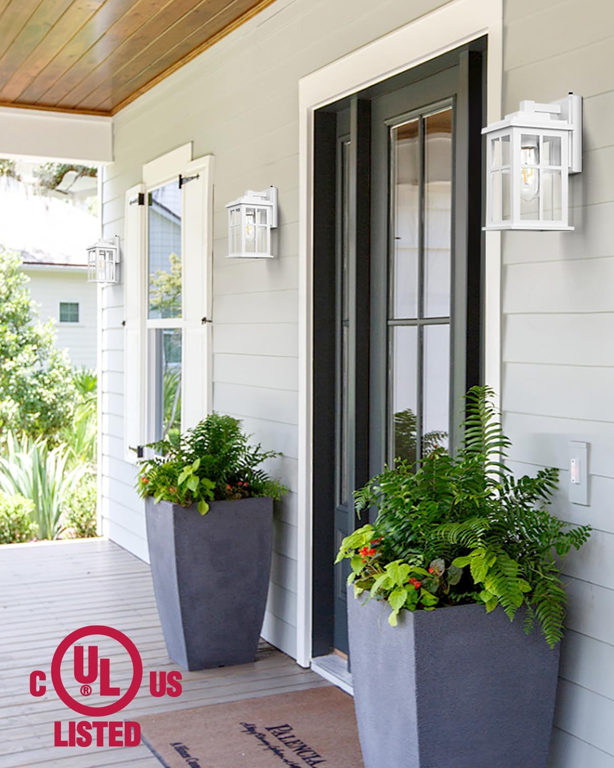 White Outdoor Wall Lights, Dusk to Dawn Exterior Lighting Fixtures, Waterproof Outside Lights for House, Garage, Garden, Entryway, Doorway, Anti-Rust, Modern Style, Tempered Glass