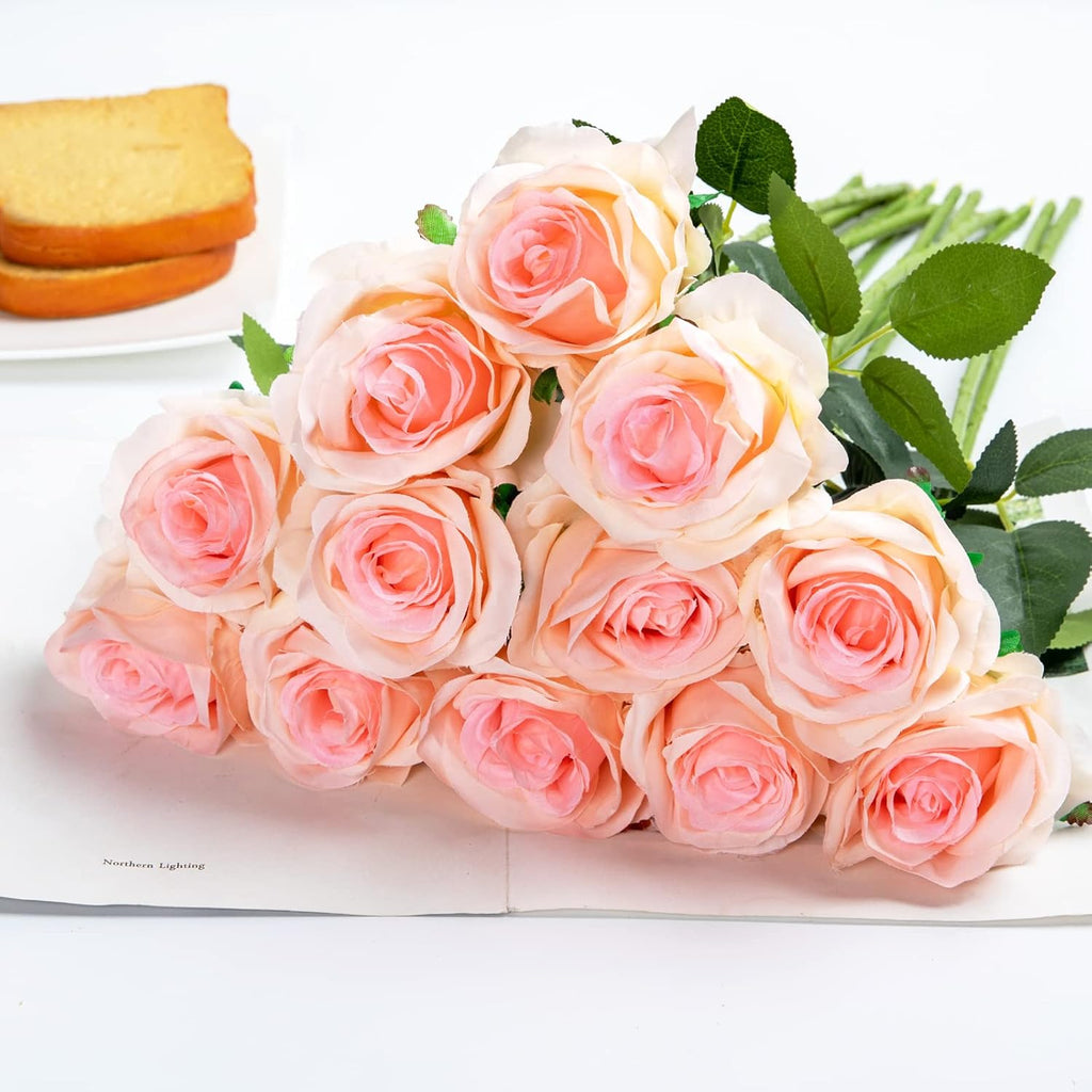 Hawesome 12PCS Artificial Silk Flowers Realistic Roses Bouquet Long Stem for Home Wedding Decoration Party (Gradient Light Pink)
