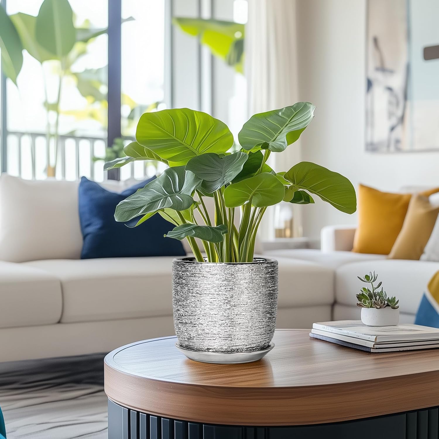 Ceramic Flower Pot - 7 Inch Ceramic Plant Pot for Indoor Flowers, Modern Outdoor Round Planter with Drainage Hole and Saucer, Gifts for Plant Lovers, Home Garden Decor, Silver