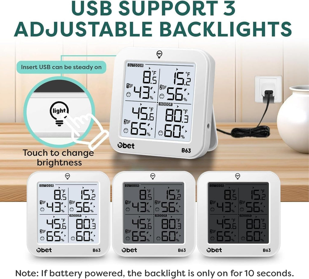 OBET Indoor Outdoor Thermometer Wireless with 3 Sensors Weather Station Temperature Humidity Monitor 500ft Range and Adjustable Backlight and Min Max Data White