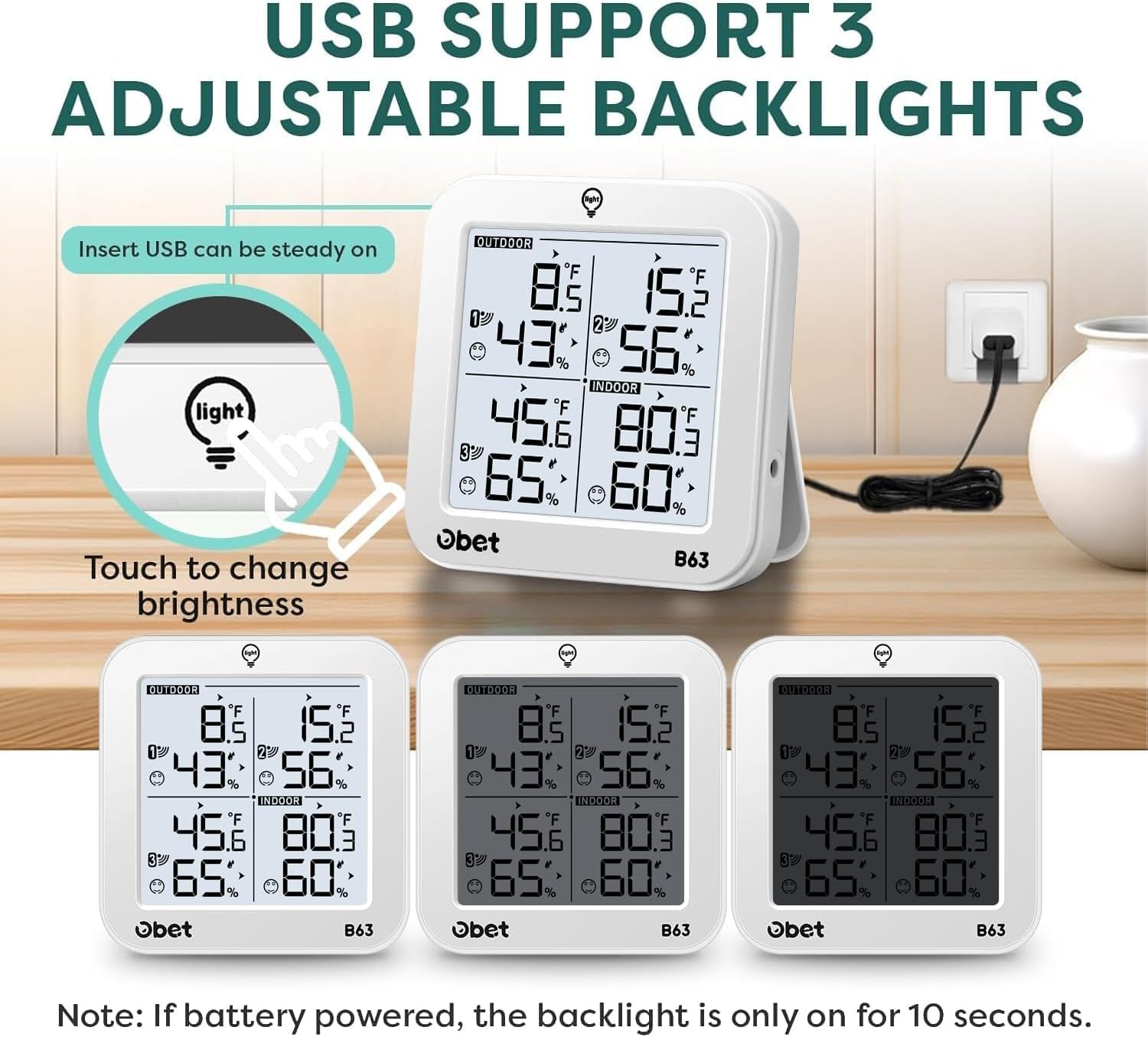 OBET Indoor Outdoor Thermometer Wireless with 3 Sensors Weather Station Temperature Humidity Monitor 500ft Range and Adjustable Backlight and Min Max Data White