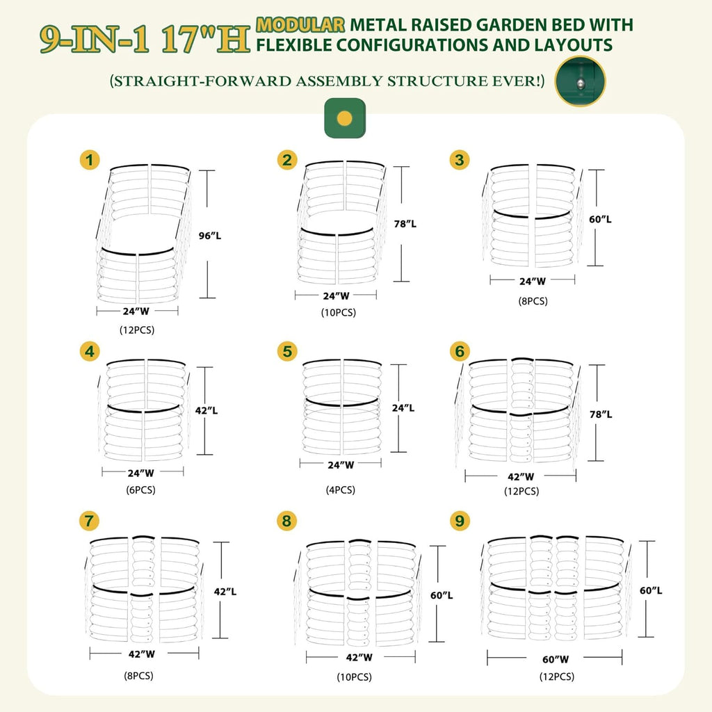 MUPATER 17" H Galvanized Raised Garden Bed, 8x2FT Raised Garden Bed Outdoor for Vegetables, Raised Garden Bed Kit, 9-in-1 Metal Planter Boxes Outdoor for Plants Flowers, Green