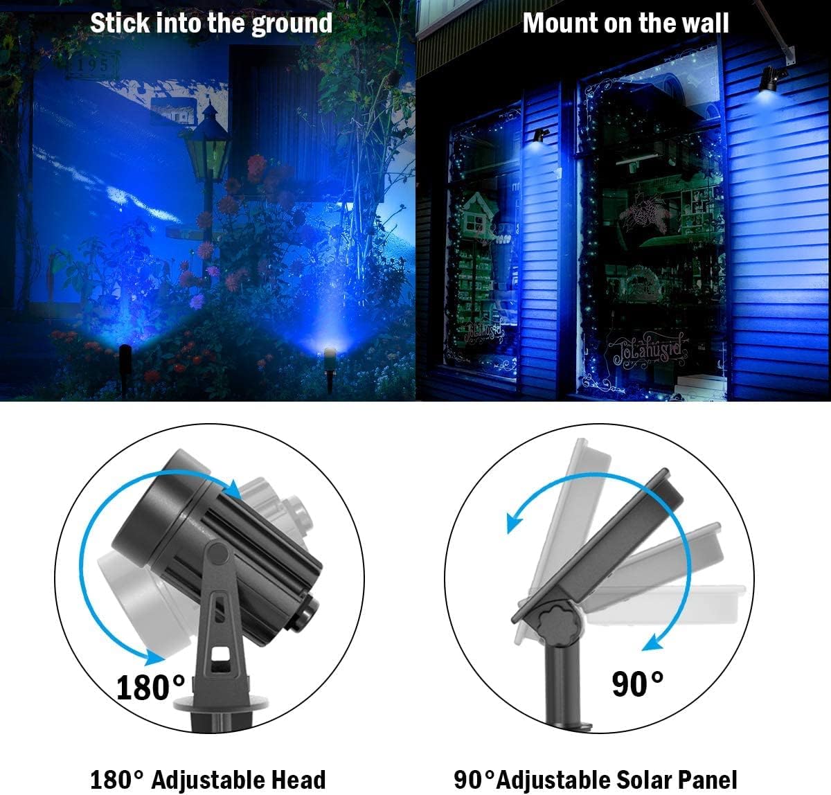 T-SUNUS 4 Pack Solar Landscape Spotlights - Blue, Waterproof IP65, 9.8ft Cable, 2000mAh Solar Panel, Auto On/Off for Garden, Driveway, Pathway, Pool Area