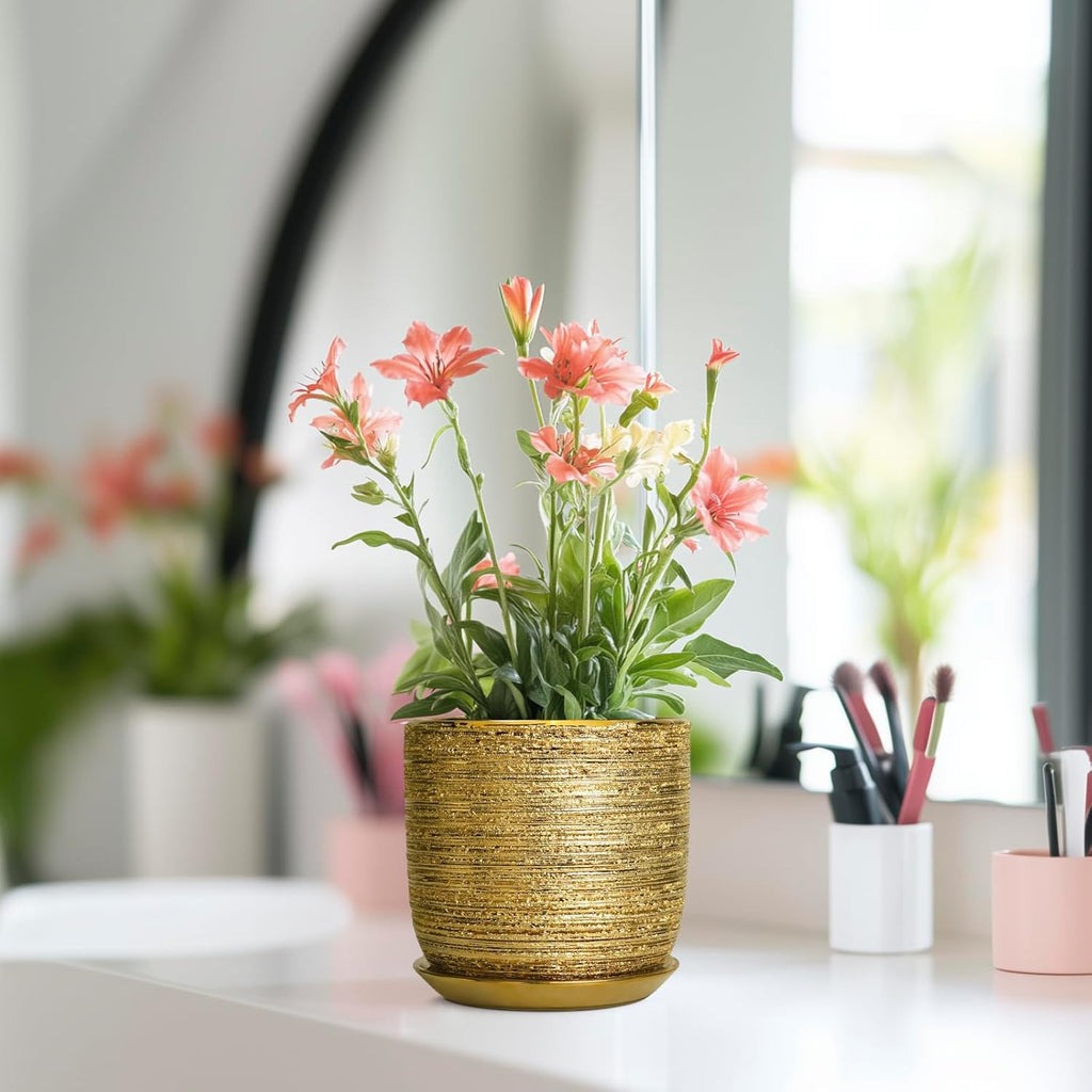 Succulent Pot 5 Inch - Ceramic Plant Pot for Indoor Flowers, Decorative Round Indoor Planter with Drainage Hole and Saucer, Plant Lover Gifts, Patio Office Home Room Decor, Gold