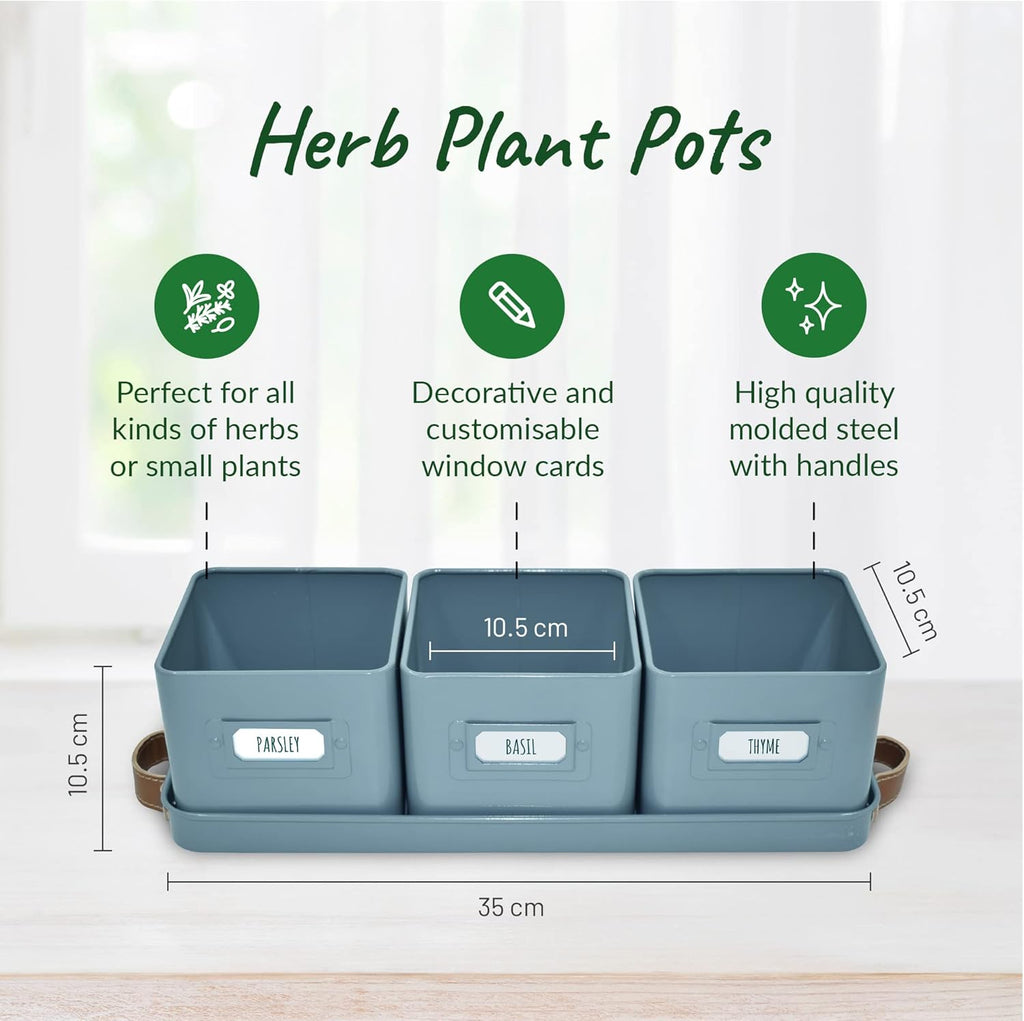 Herb Planter Indoor - Set of 3 Teal Blue Indoor Herb Garden Pots with Leather Handled Tray - Window Sill Plant Shelf - Pots with Drainage Holes and Labels