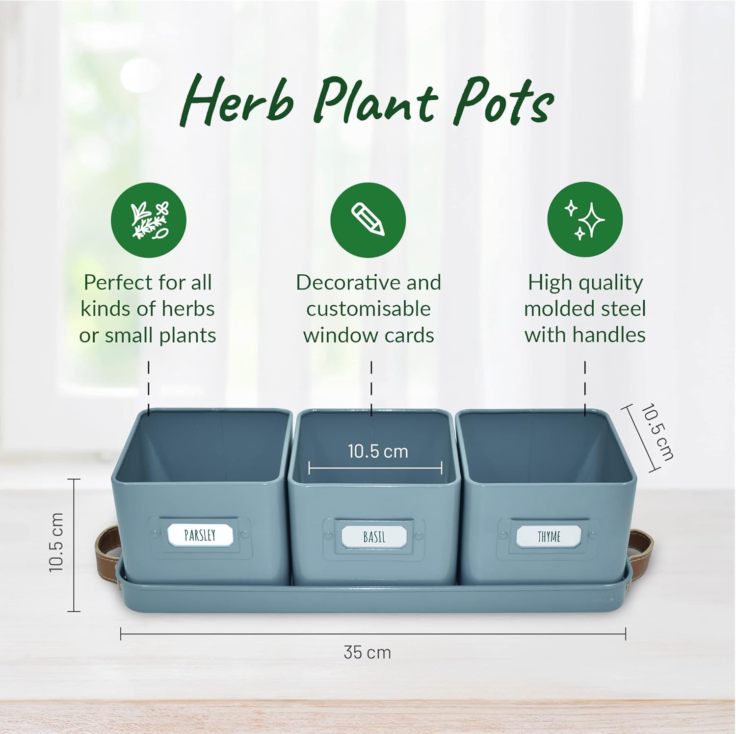 Herb Planter Indoor - Set of 3 Teal Blue Indoor Herb Garden Pots with Leather Handled Tray - Window Sill Plant Shelf - Pots with Drainage Holes and Labels