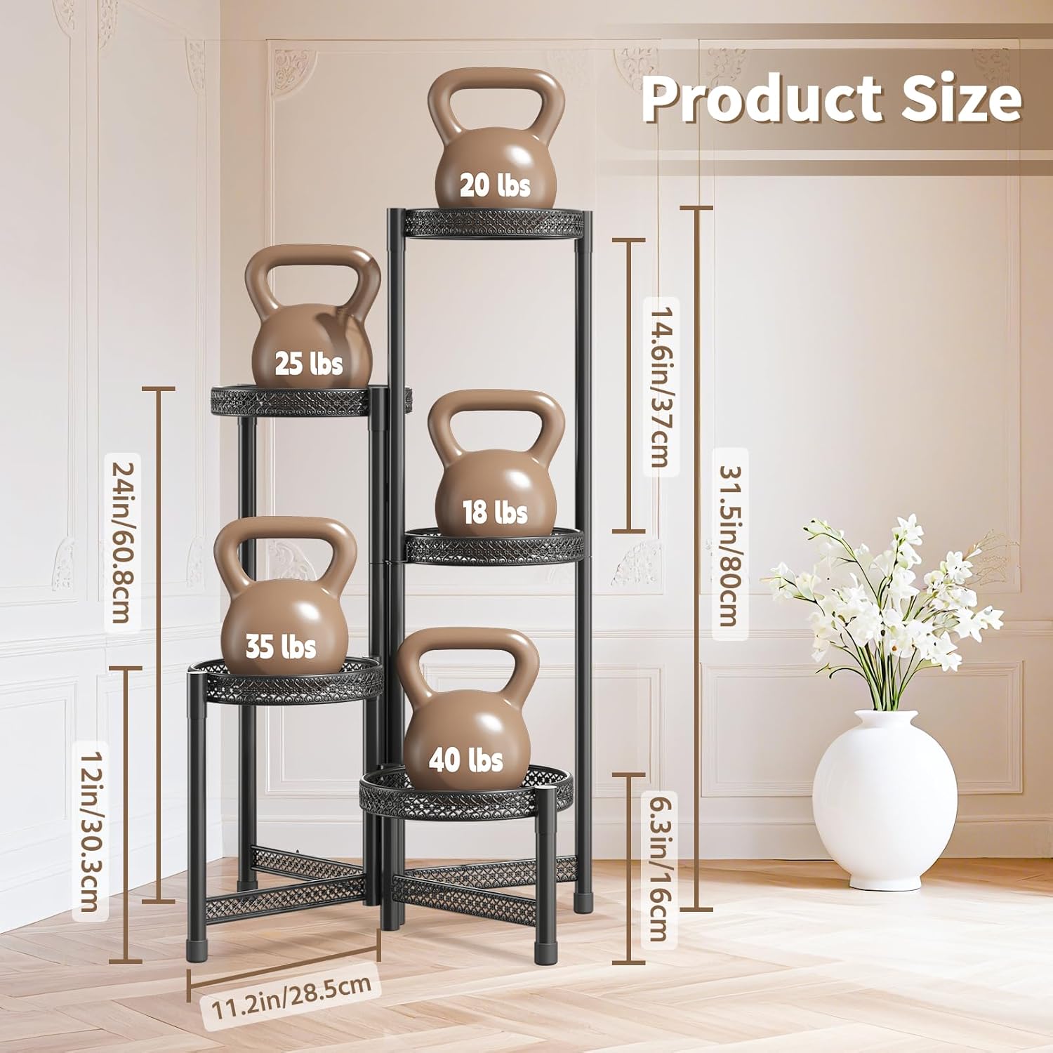 LASZOLA 5 Tiered Folding Tall Plant Stand Indoor Outdoor for Large Planter, Heavy Duty Metal Adjustable Multiple Flower Rack for Corner, Wrought Iron High Spiral Holder for Modern House Patio, Black