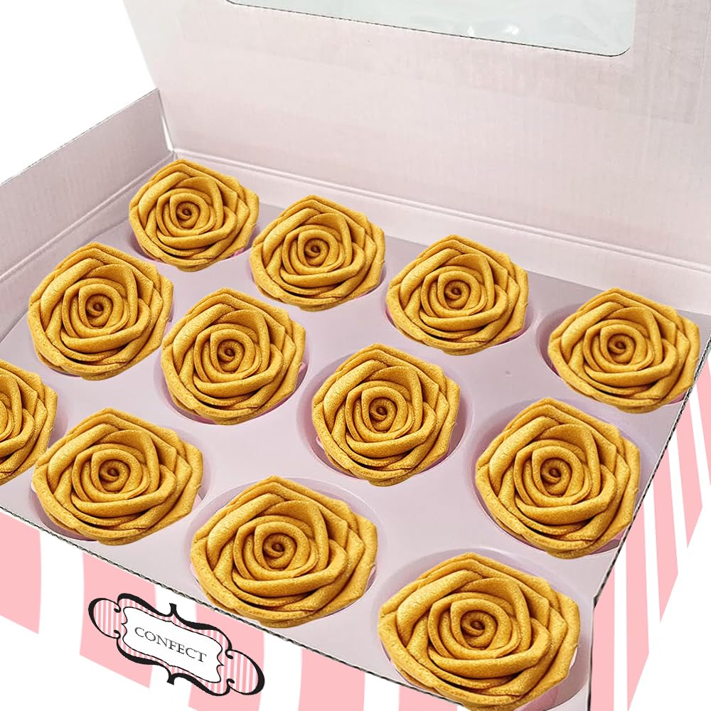 Confect Metallic Edible Rose Topper – Gold Roses for Cake, Cupcake & Doughnut Decoration – Pack of 12 Edible Floral Toppers- Vegan, Gluten-Free, Nut-Free, Soy-Free, Dairy-Free, Palm Oil-Free