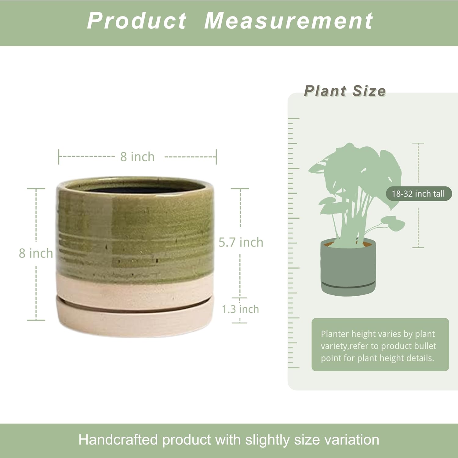 8 Inch Pots for Plants, Ceramic Planter Pot with Drainage Hole & Saucer, Indoor/Outdoor Cylinder Round Planter Pot, Green & Beige