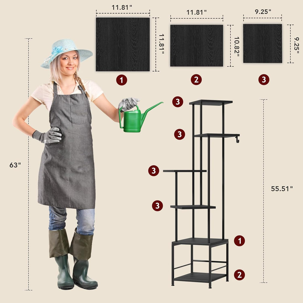 Plant Stand Indoor with Grow Light, 6-Tiered Tall Plant Stand Indoor, Metal Plant Shelf with Hanging Basket Hook and Adjustable Light, Ideal for Living Room, Garden, Patio, Black