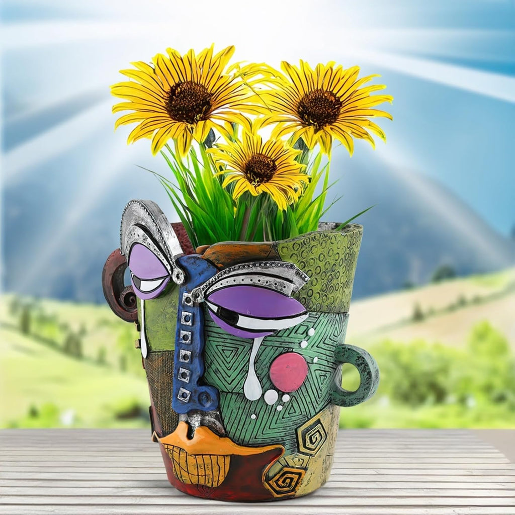 Picasso-Inspired Abstract Face Flower Pot | Unique Head Planter with Drainage Hole | Vibrant Colors & Quirky Art Decor (Tears)