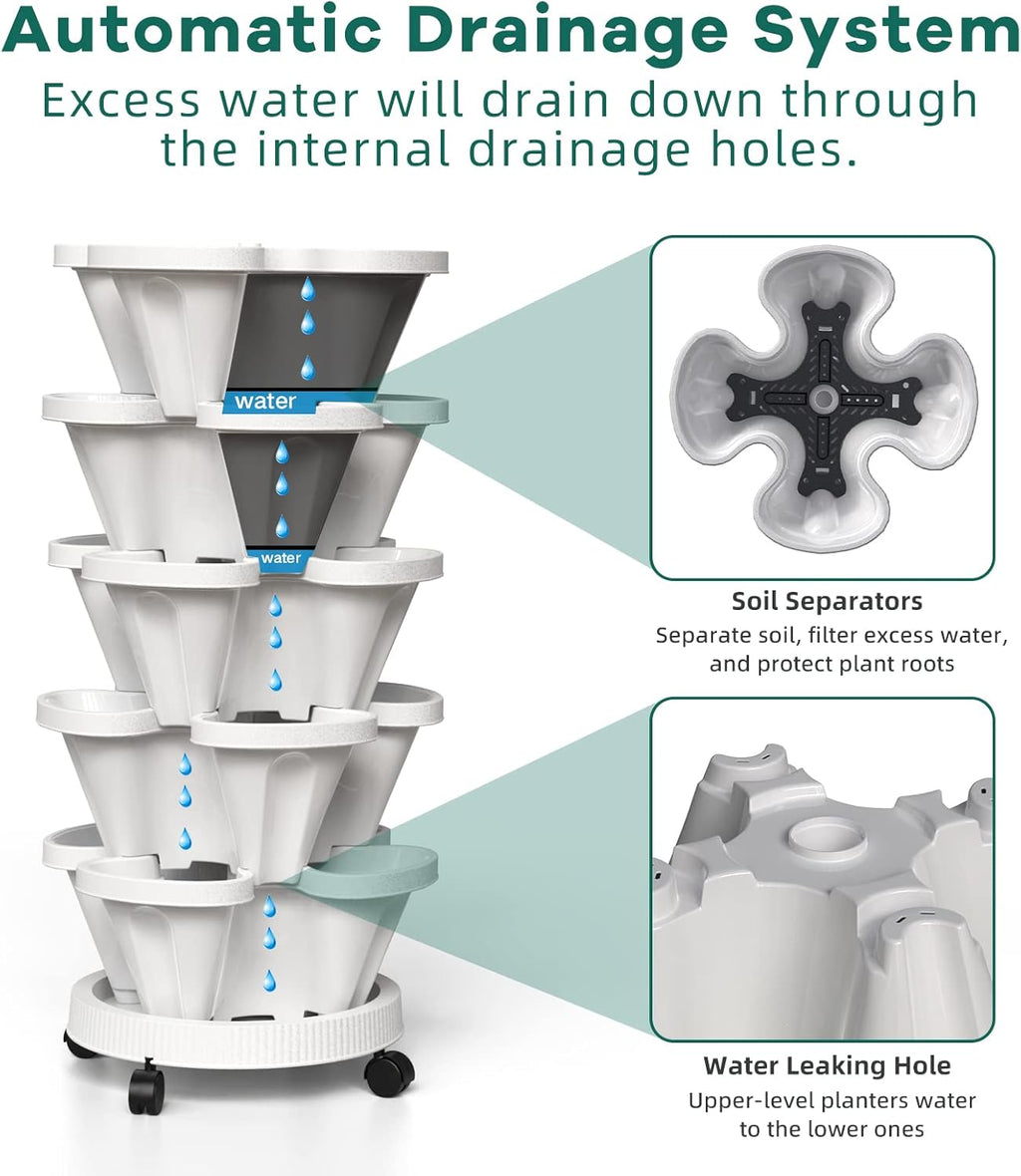 Strawberry Vertical Planter, 5 Tiered Stacking Garden Tower, Stackable Herb Vegetable Planters with Support Pole Indoor and Outdoor - Black