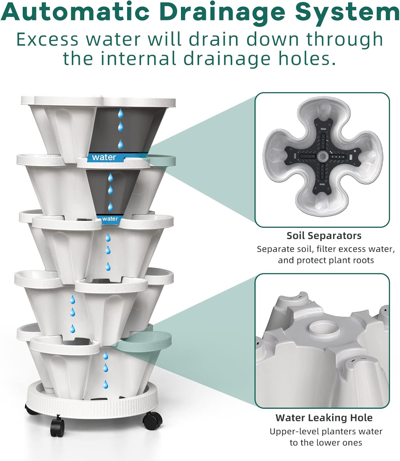 7 Tiered Strawberry Vertical Planter 2 Pack, Stackable Tower Garden Planter Herb Garden Planter with Movable Casters and Bottom Saucer Indoor and Outdoor - White