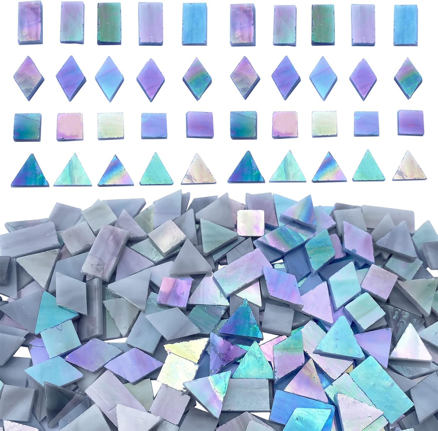 Iridescent Gray Stained Glass Mosaic Tiles for Crafts, 280 Pieces Mixed 4 Shapes Tiffany Stained Glass Sheets for Mosaic Projects