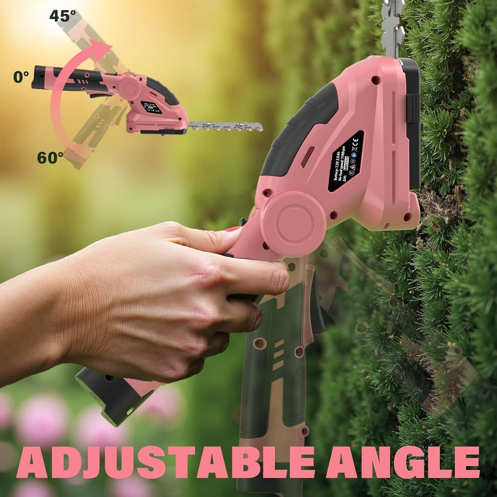 SOYUS Cordless Hedge Trimmer, 2 in 1 Electric Hedge Trimmers & Grass Shears, 7.2V Lightweight Shrub Trimmer Cordless with Battery and Charger, Ideal for Garden, Yard and Lawn - Pink