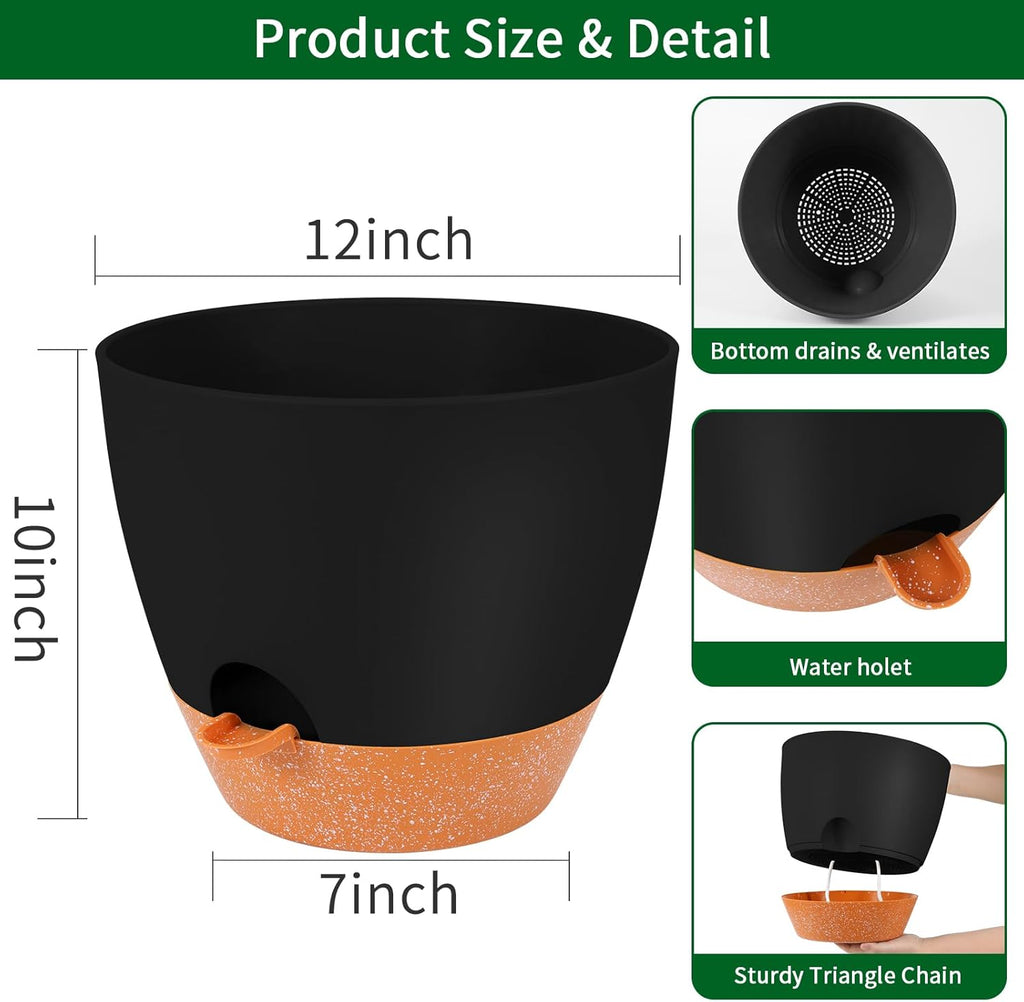 GARDIFE 12 inch planters, Plant Pots,Self Watering Pots, Large Plastic Flower pots with Deep Reservior and High Drainage Holes for Indoor Outdoor Plants and Flowers, Black