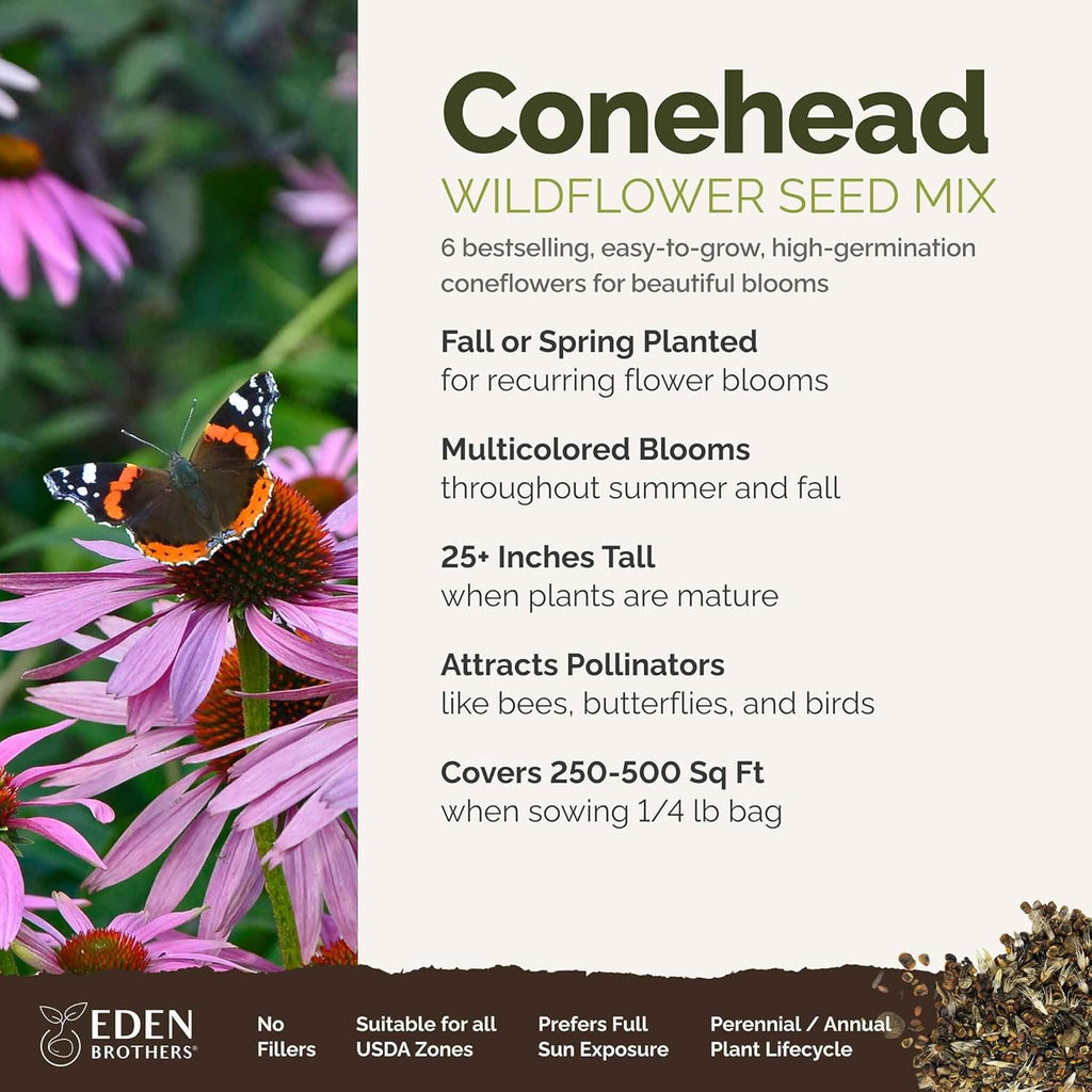 Eden Brothers Conehead Flower Mixed Seeds for Planting, 1/4 lb, 120,000+ Seeds with Prairie Coneflower, Mexican Hat | Attracts Pollinators, Plant in Spring or Fall, Zones 3, 4, 5, 6, 7, 8, 9, 10