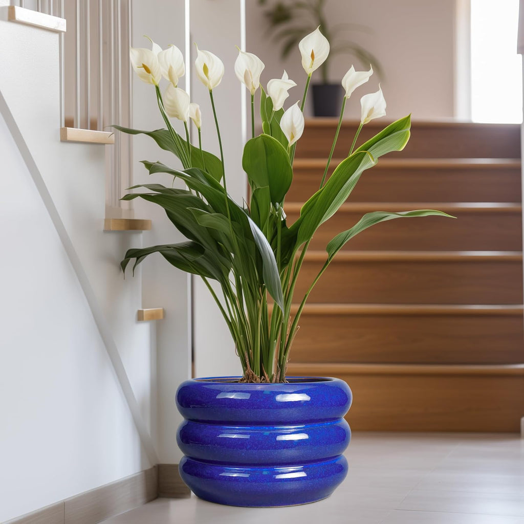 SQOWL Ceramic Plant Pot 13.5 Inch - Large Planter for Outdoor Plants Round Indoor Flower Pot with Drainage Hole Decorative Planter Modern Home Decor Blue