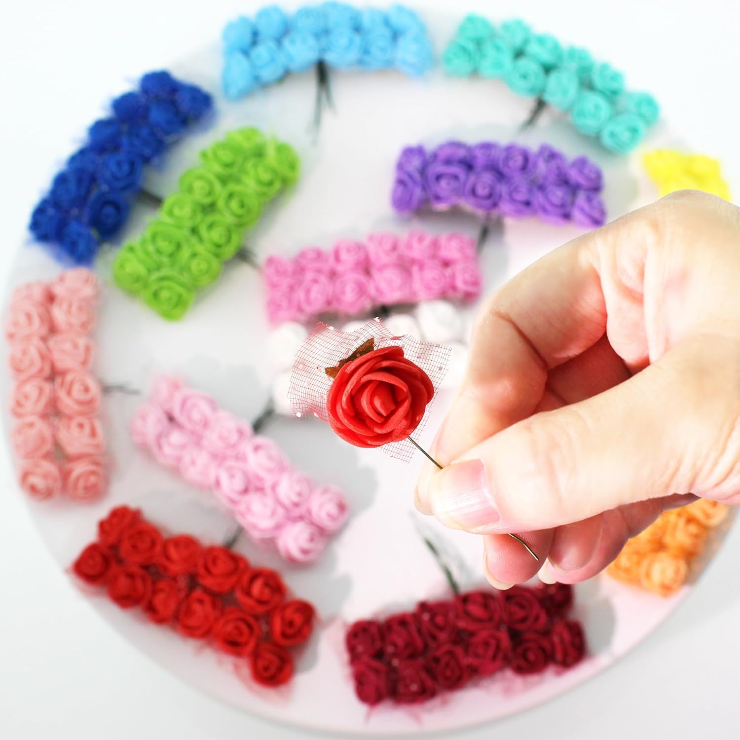 500 Pcs 0.6 Inch Mini Artificial Flowers Head Bulk 5 in 1 Set Faux Foam Fake Small Rose Tiny Baby Flores Bouquet Wreath Gift Hair Clip Home Decoration DIY Craft (Peach)