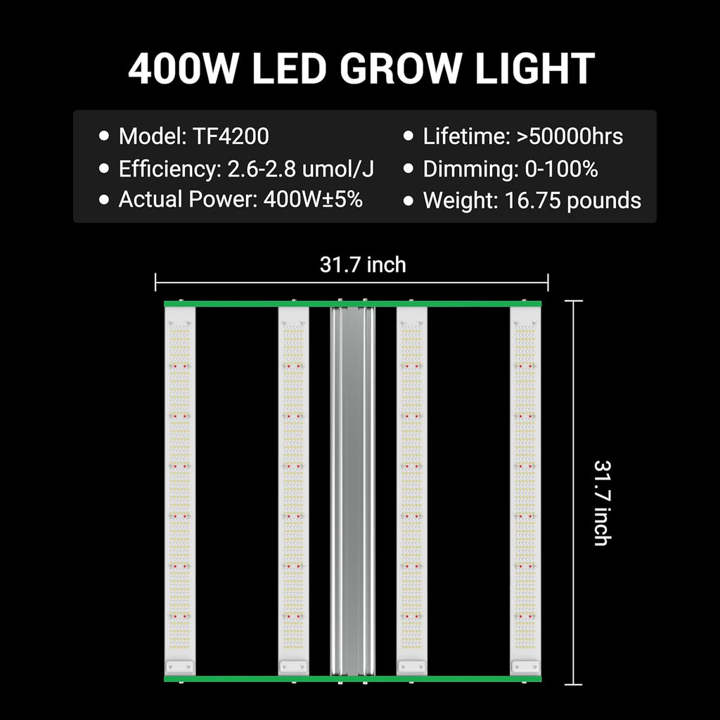 RDJ Bouns 2023 Fresh LE4200 400W LED Grow Light for 3x3 Tent - Wide Body 4 Bar Full Spectrum Daisy Chain Dimmable Ideal for Indoor Growers