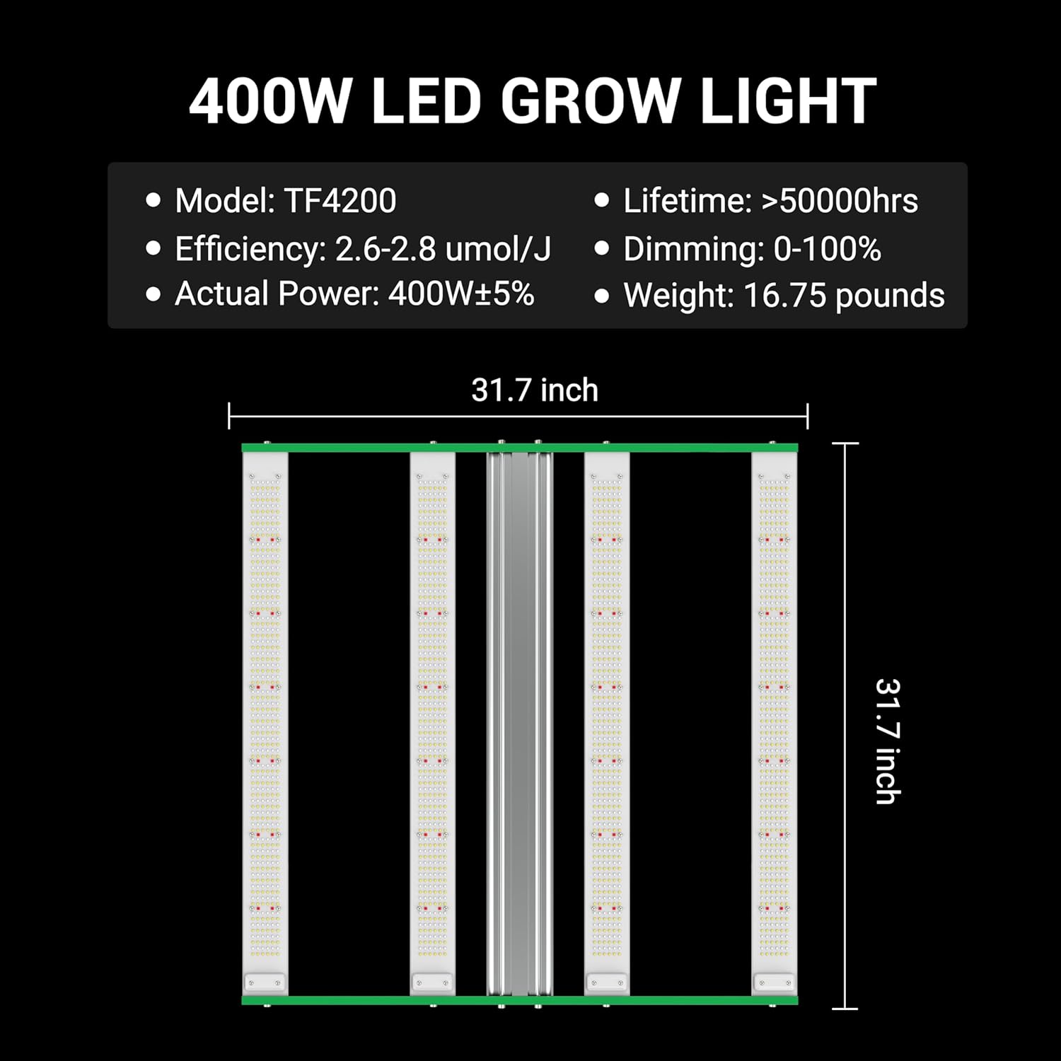 RDJ Bouns 2023 Fresh LE4200 400W LED Grow Light for 3x3 Tent - Wide Body 4 Bar Full Spectrum Daisy Chain Dimmable Ideal for Indoor Growers