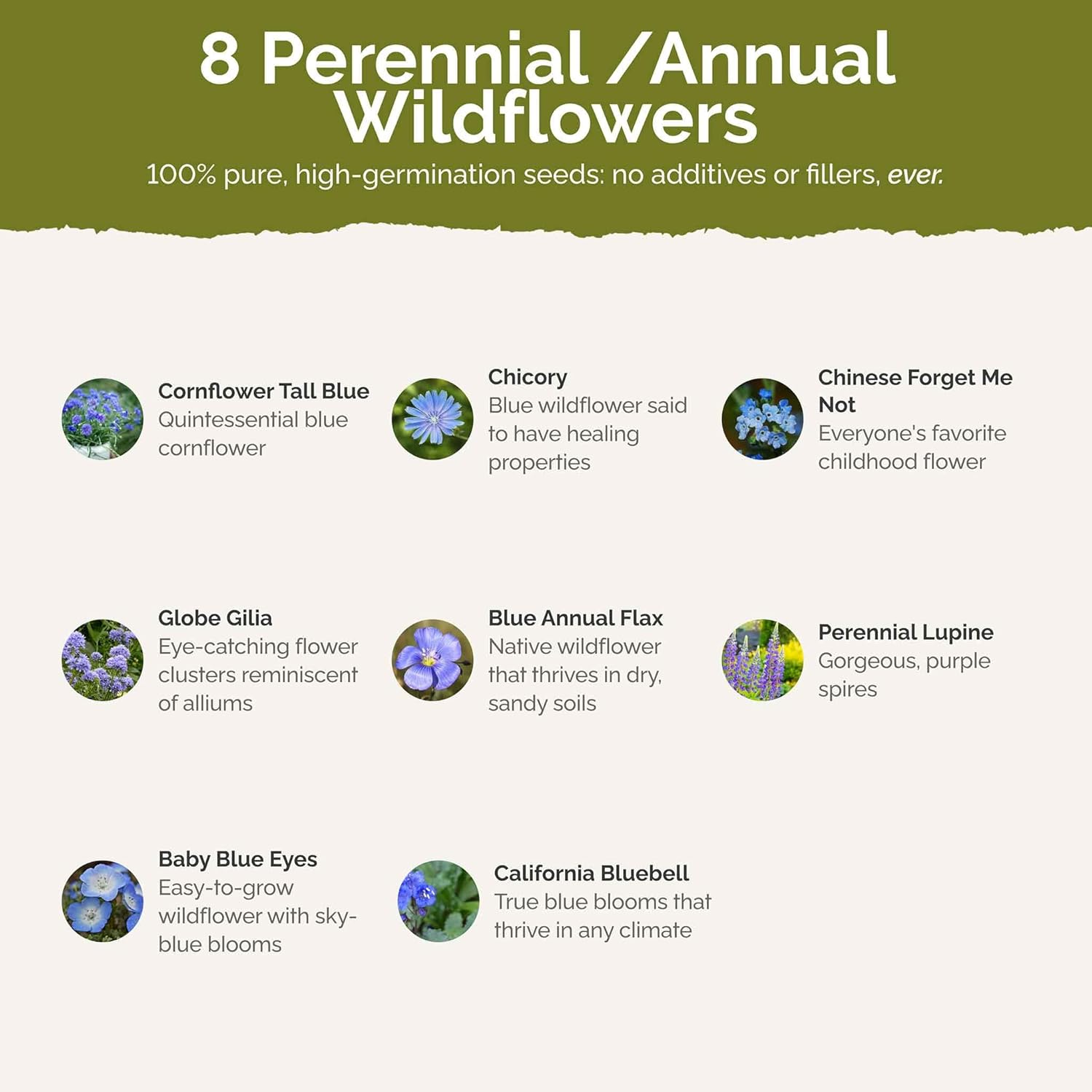 Eden Brothers Singin the Blues Wildflower Mixed Seeds for Planting, 5 lb, 2,400,000+ Seeds with Blue Flax, Lupine, Chicory, Attracts Pollinators, Plant in Spring or Fall, Zones 3, 4, 5, 6, 7, 8, 9, 10