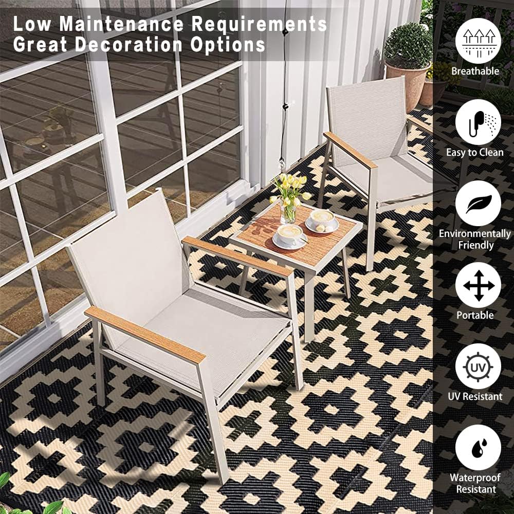 Outdoor Plastic Straw Rug, Waterproof Mat, Washable Large Floor Mat and Rug for Outdoors, RV, Beach, Patio, Camping, Backyard, Deck, Picnic, Indoor Outside (6x9ft,Geometry/Black&Beige)